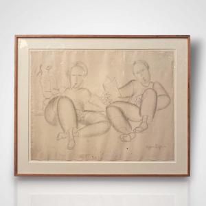 Suzanne Roger, Couple Reading, Drawing, 20th Century