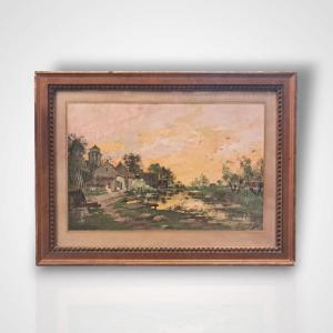 Eugène Galien-laloue, Countryside Landscape, Gouache On Paper, Late 19th-early 20th Century