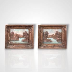 Pair Of Landscapes, Gouaches Embellished With Plant Inlays, 19th Century