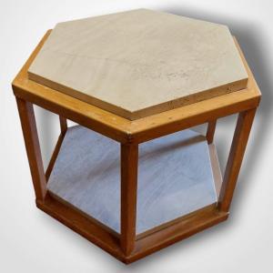Fournier Décoration Paris For Roche Bobois, Oak And Travertine Side Table, 1980.