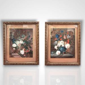 Pair Of Still Lifes With Bouquets Of Flowers, Watercolors, 18th Century