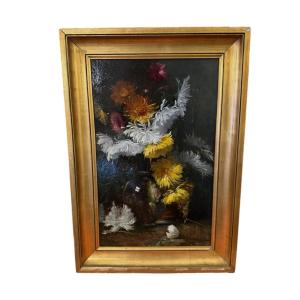 Oil On Wood, Still Life Of Chrysanthemums, 19th Century