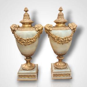 Pair Of Covered Alabaster Vases With Gilt Bronze Mounts, 19th Century