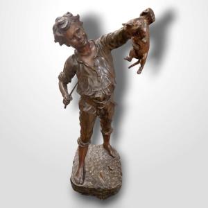 Auguste Maillard (1864-1944), Sculpture Of A Young Man Training His Cat, Bronze, 20th 