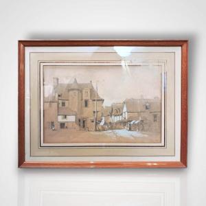 Jean-pierre-théodore Lebeuffe, View Of Dol, Charcoal Drawing Heightened With Chalk, 19th Century