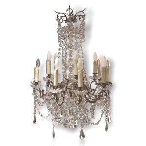 Portieux Crystal Factory, Gilt Bronze Chandelier With Pendants, 20th Century.