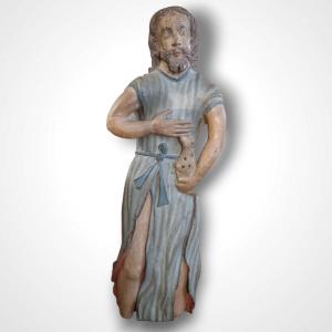 Polychrome Wooden Sculpture, Saint John The Baptist, 19th Century.