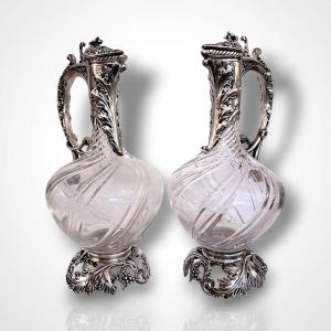 Pair Of Crystal Ewers With Silver Mounts, Late 19th-early 20th Century
