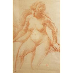 Théo Van Rysselberghe, Study Of A Female Nude, Sanguine On Paper, Nineteenth