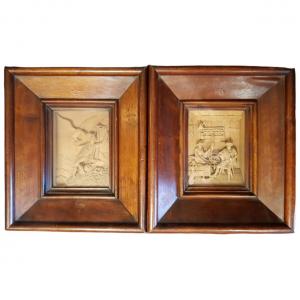 Pair Of Bas Reliefs In Carved Wood, Nineteenth