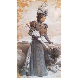 Elegant Gouache At The Seaside, Late Nineteenth