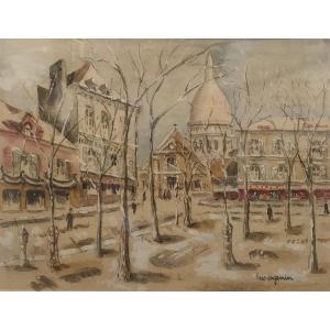 Lucien Génin, Snow-covered Place Du Terme, Gouache And Watercolor