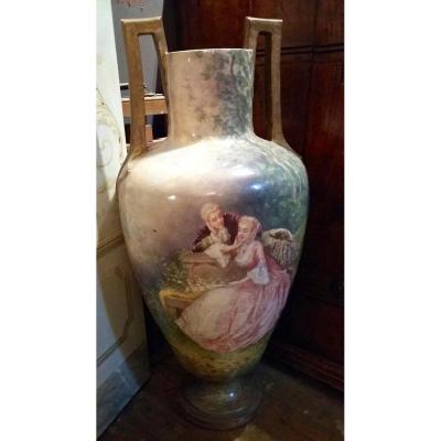 Paire De Grands Vases En Terre Cuite Peinte Et Vernie , 1920