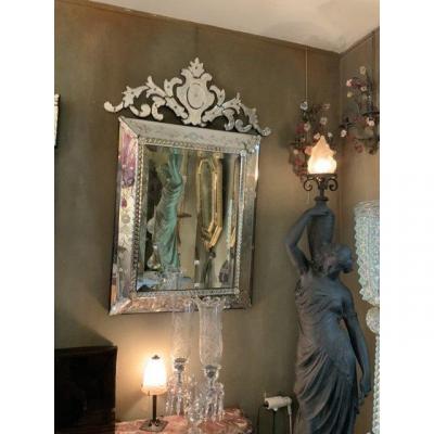 Venetian Mirror With Beveled Beads And Pediment, 1880 Period