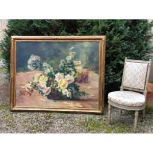Large Painting "bouquet Of Flowers" After Biva
