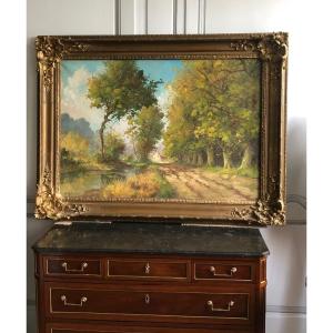 Country Landscape, Oil On Canvas, Signed, Late 19th Century