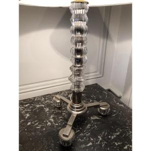 Modernist Lamp, Silver Metal And Glass, 20th Century