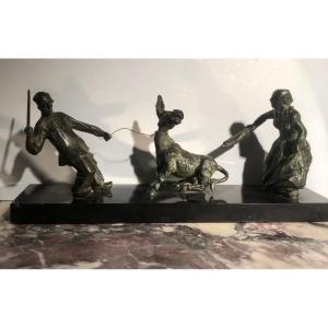 Peasant Couple And Their Stubborn Donkey, Bronze By P. Feval, 19th Century 