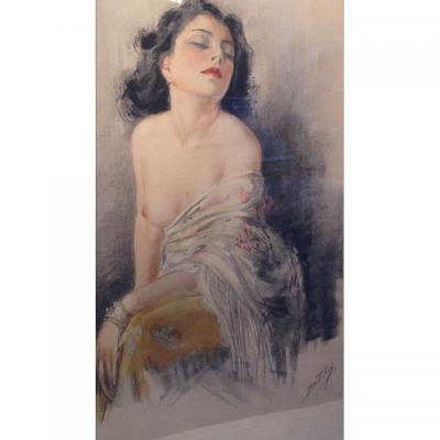 Eau Forte Young Naked Woman By Yves Diey, Twentieth