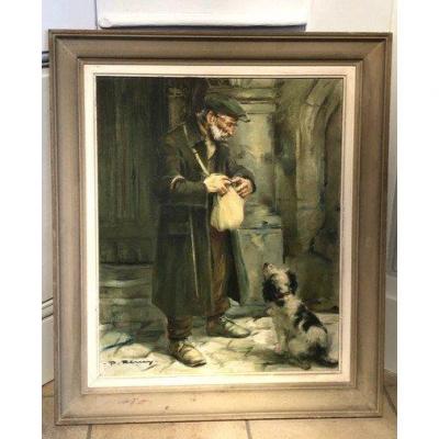 Oil On Canvas "the Old Man And His Dog" By Paul Rémy Twentieth