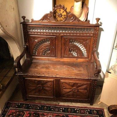 Carved Oak Chest Bench Late 19th Century