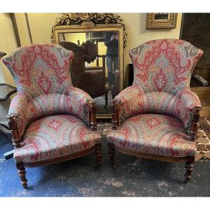 Pair Of Napoleon III Style Armchairs Upholstered In Cashmere Fabric