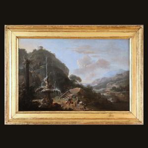 18th Century Roman School. Animated Landscape And Capriccio Of The Roman Campagna At Tivoli