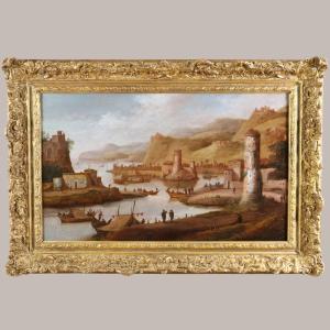 Dirck Verhaert (1610-1680) Signed Dvh. Large Animated Landscape, Maritime Capriccio.