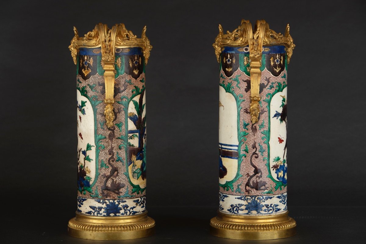 Coppia di vasi cilindrici in porcellana di Cina famiglia Verde-photo-2