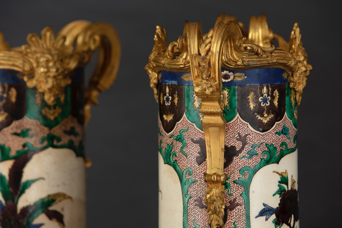 Coppia di vasi cilindrici in porcellana di Cina famiglia Verde-photo-4