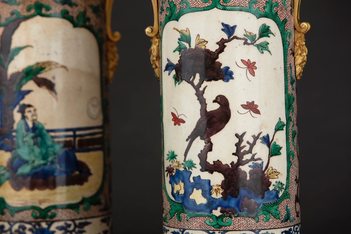 Coppia di vasi cilindrici in porcellana di Cina famiglia Verde-photo-1