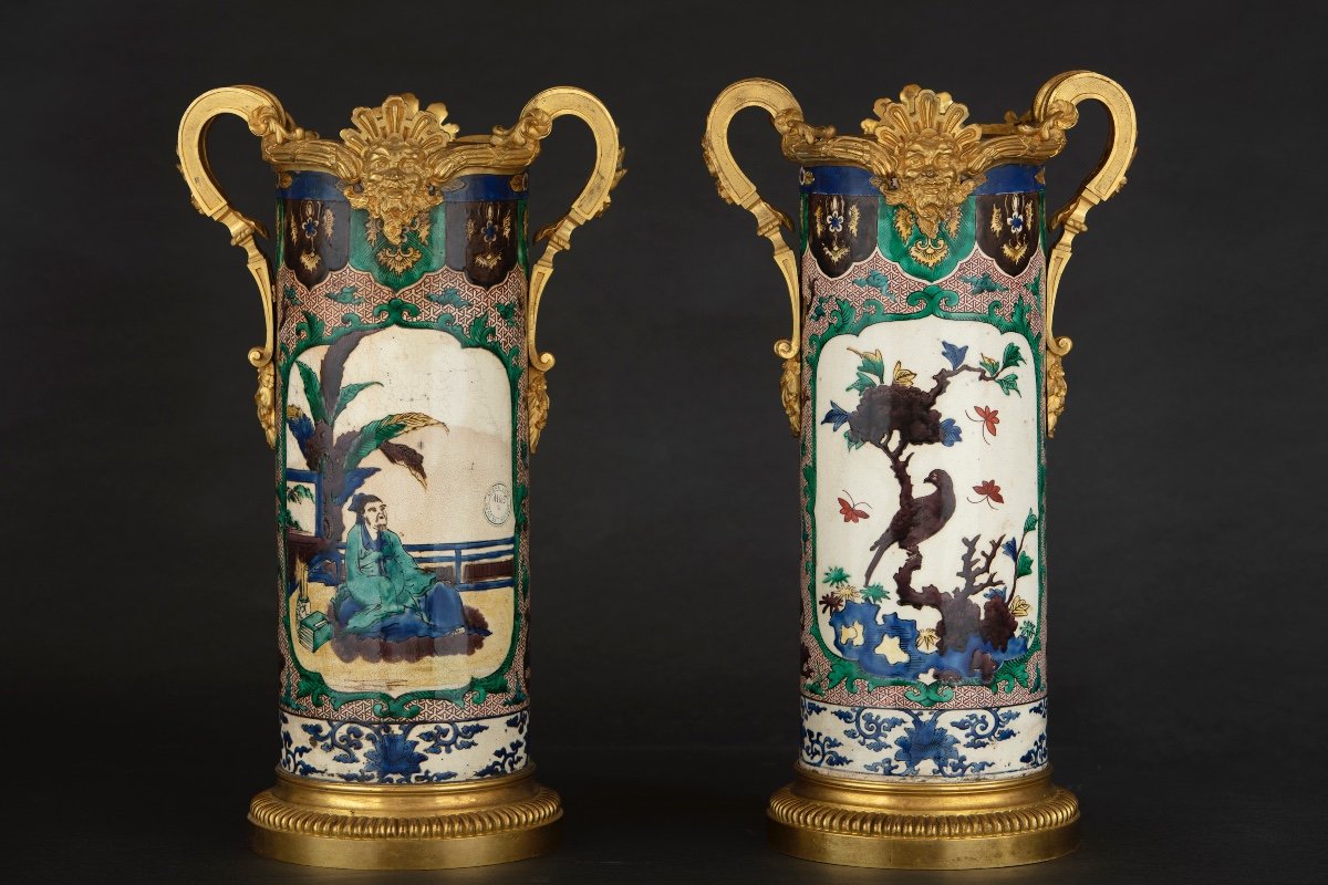 Coppia di vasi cilindrici in porcellana di Cina famiglia Verde