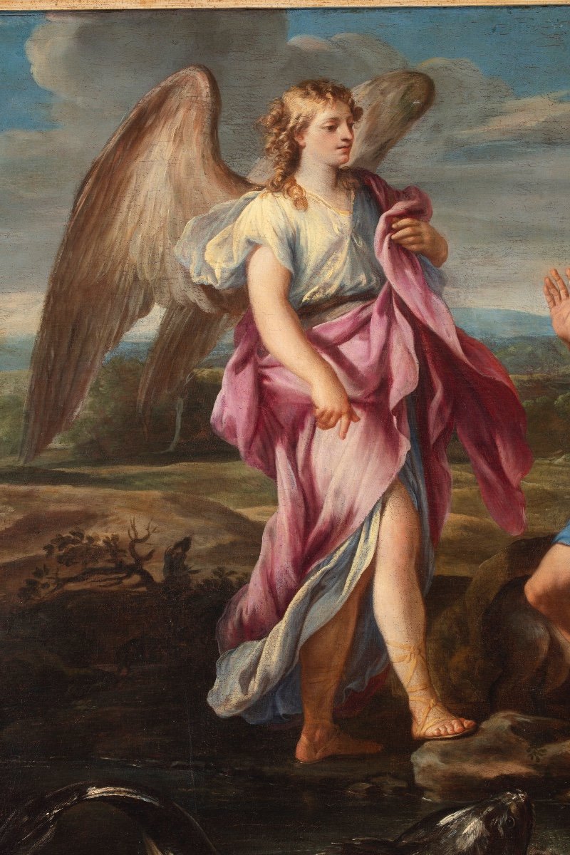 Grande dipinto olio su tela di Marco Benefial (Roma 1684-1764) raffigurante "Tobiolo e l'angelo-photo-2