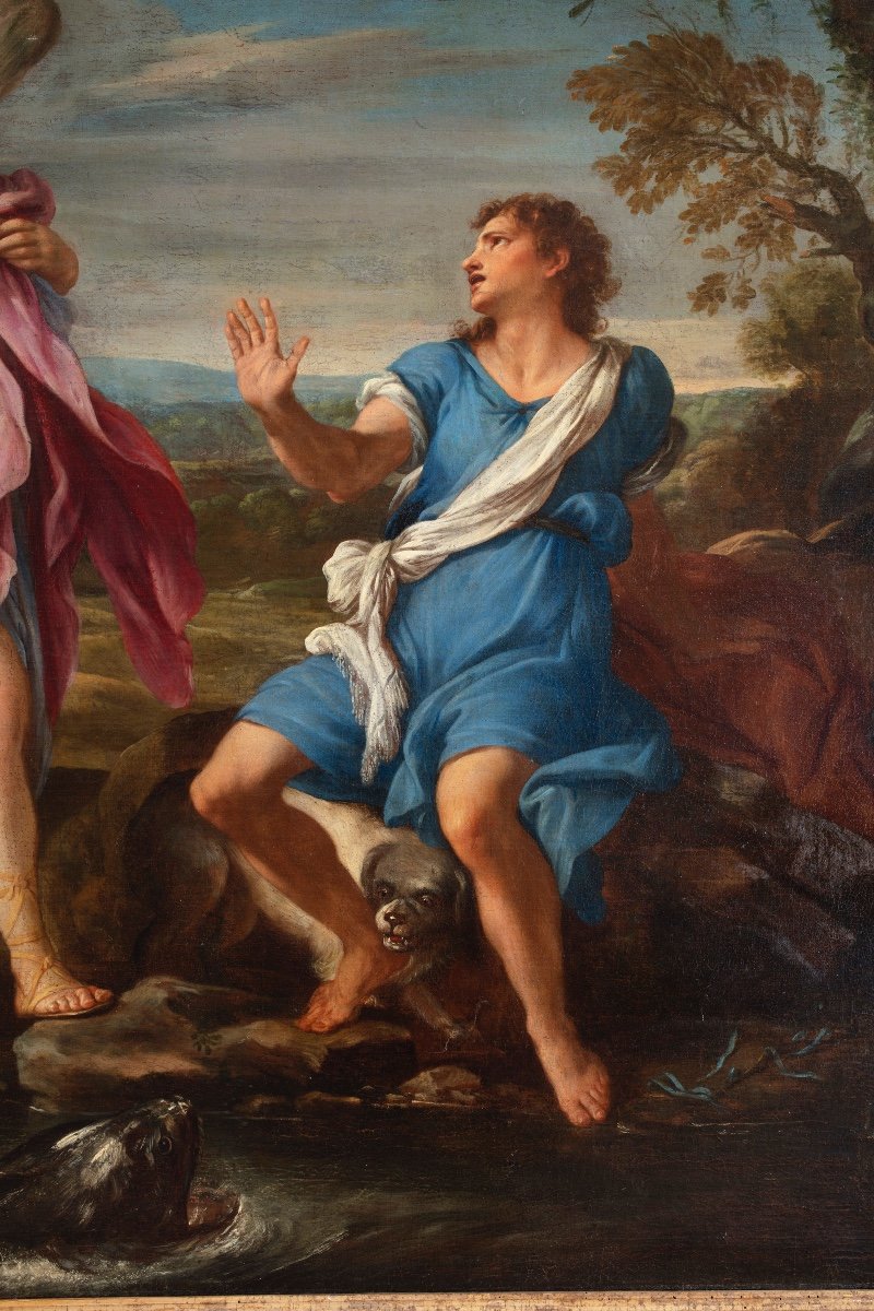 Grande dipinto olio su tela di Marco Benefial (Roma 1684-1764) raffigurante "Tobiolo e l'angelo-photo-3