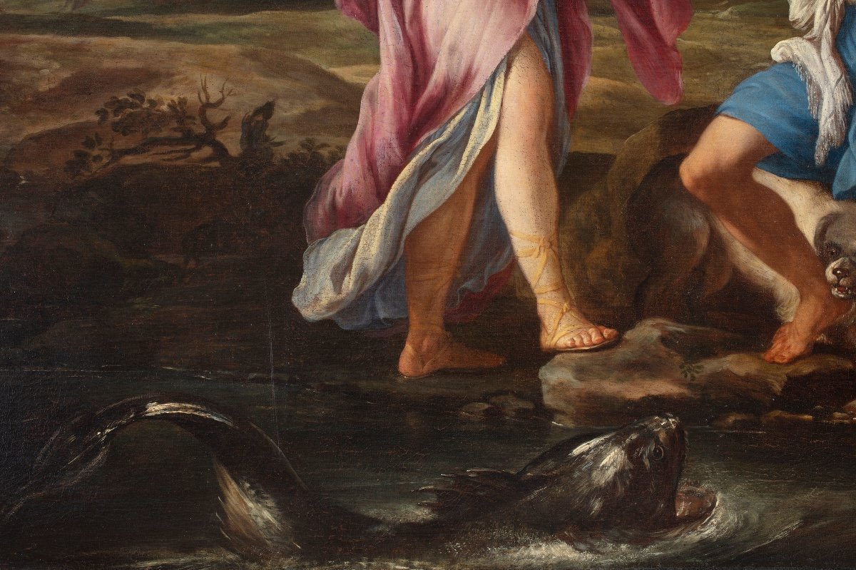 Grande dipinto olio su tela di Marco Benefial (Roma 1684-1764) raffigurante "Tobiolo e l'angelo-photo-4