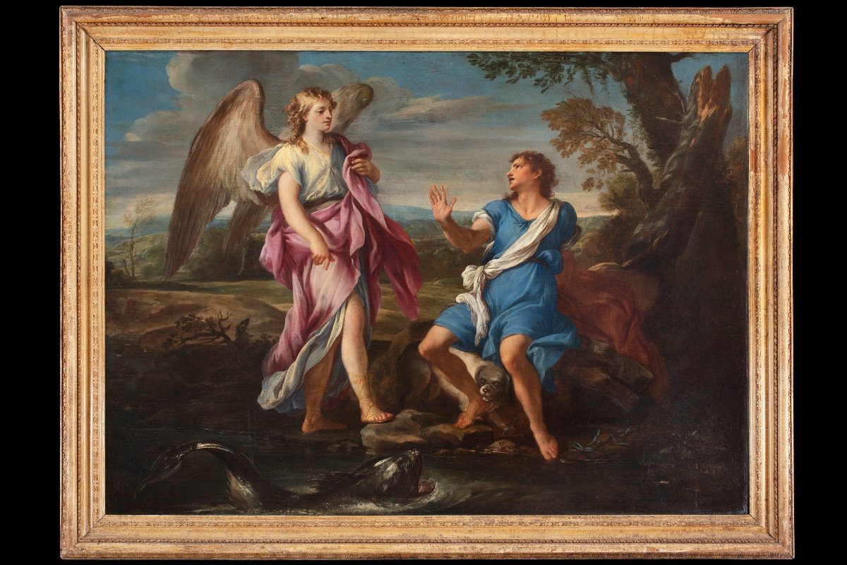 Grande dipinto olio su tela di Marco Benefial (Roma 1684-1764) raffigurante "Tobiolo e l'angelo