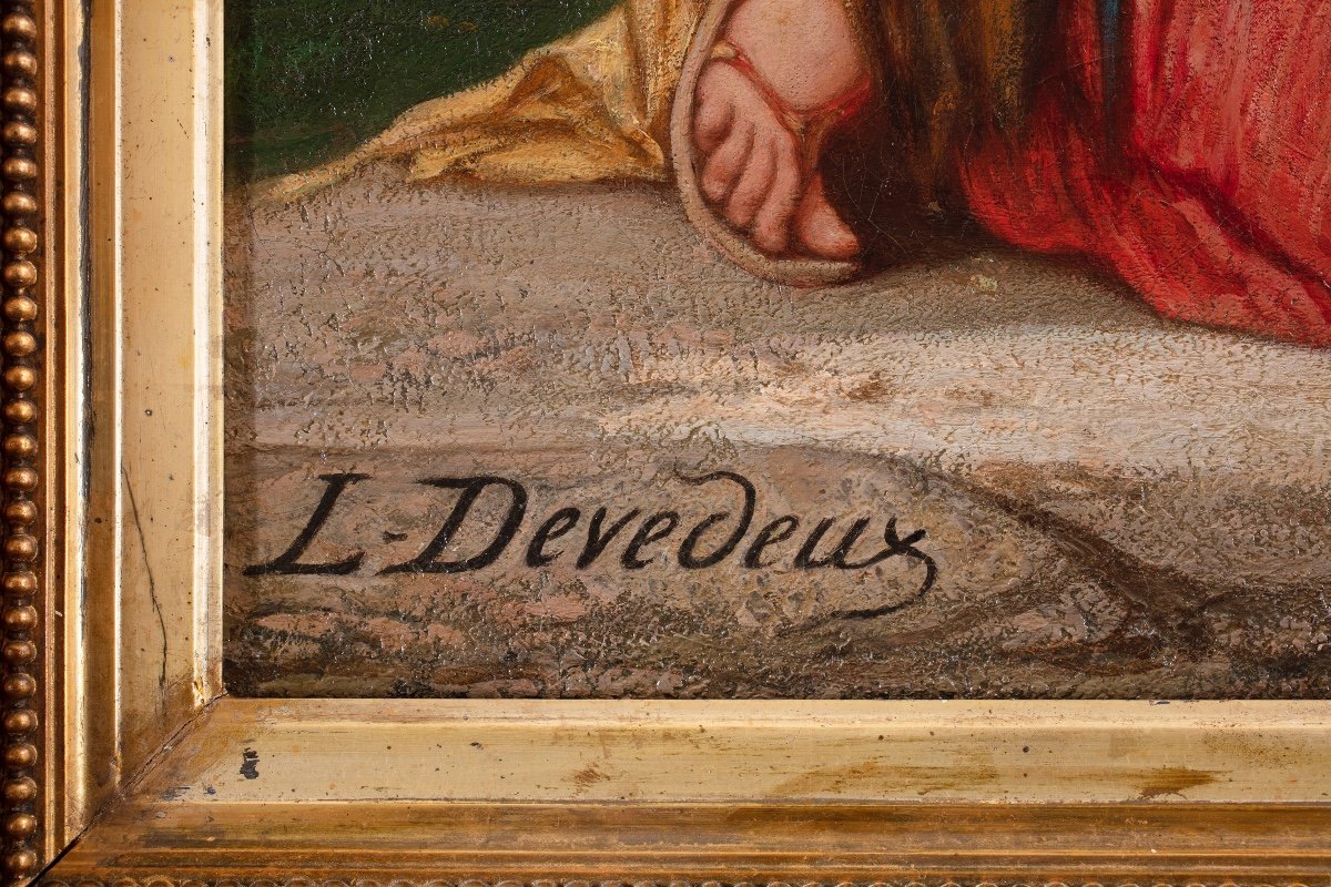 Grande dipinto ad olio su tela di Louis Devedeux (1820-1874)-photo-4