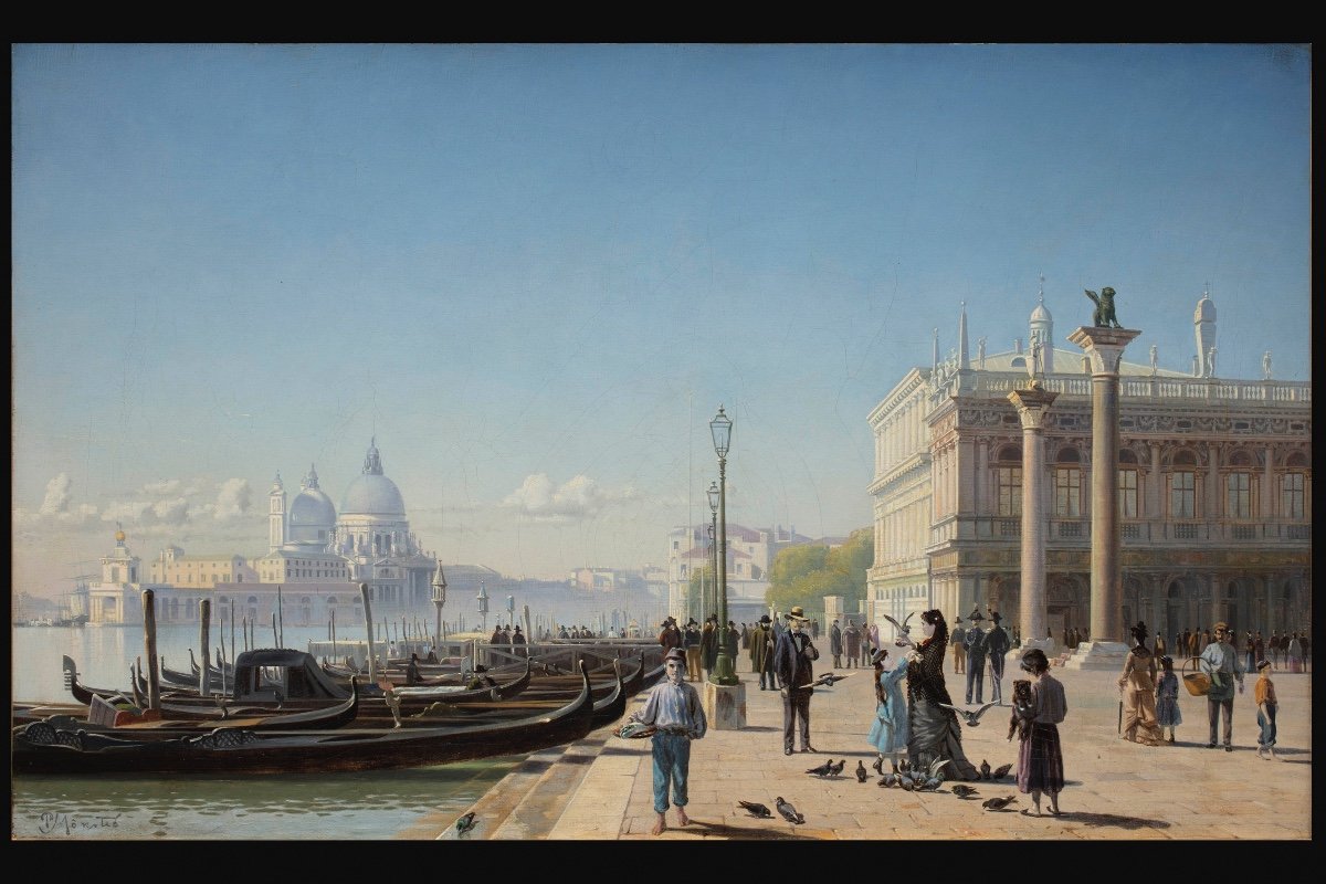 Dipinto di Peder Mork Monsted (Grenaa 1859 - Fredensborg 1941) raffigurante veduta di Venezia-photo-2