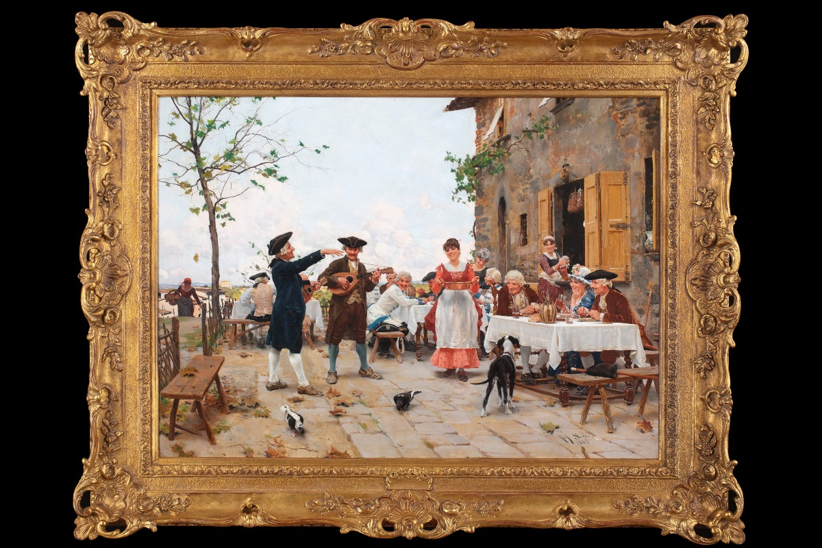 Dipinto di Raffaello Sorbi (Firenze 1844-1931), “Musicisti itineranti”