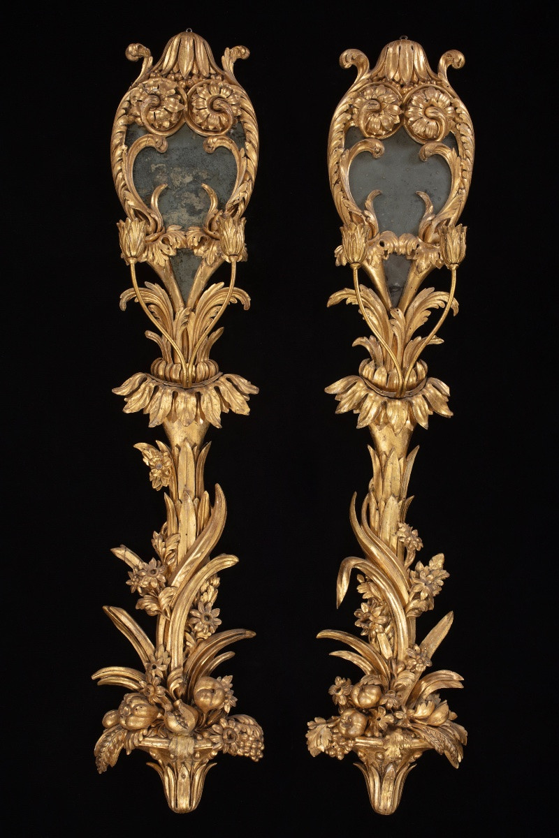 Sei appliques da palazzo in legno dorato scolpito e vetro-photo-2