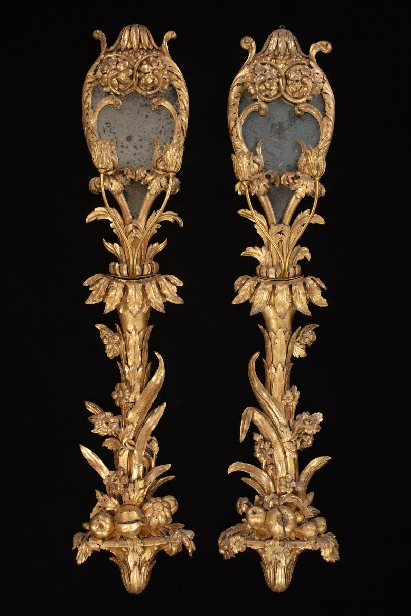 Sei appliques da palazzo in legno dorato scolpito e vetro-photo-3