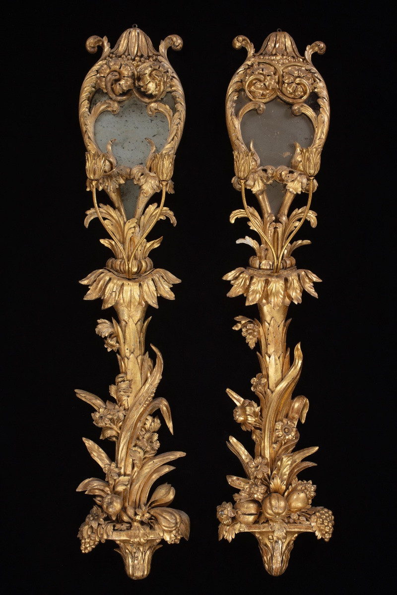 Sei appliques da palazzo in legno dorato scolpito e vetro-photo-4