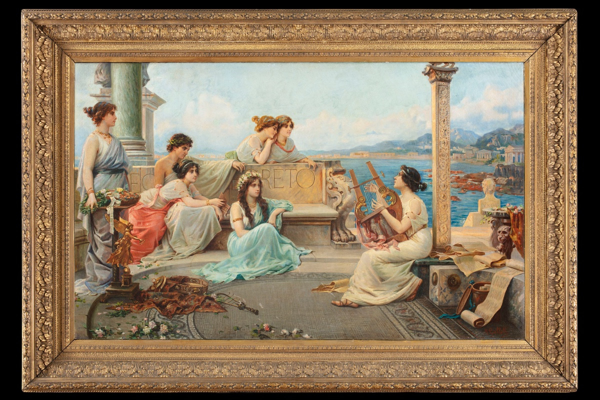 Dipinto di Massimo Gallelli (Cremona 1863-San Remo 1956), La suonatrice di Cetra