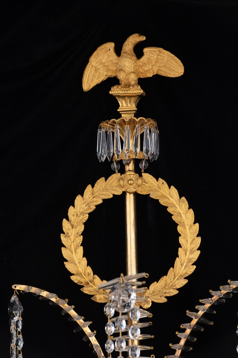 Coppia di importanti Appliques in bronzo dorato e cristallo, Francia, 1805 circa-photo-3