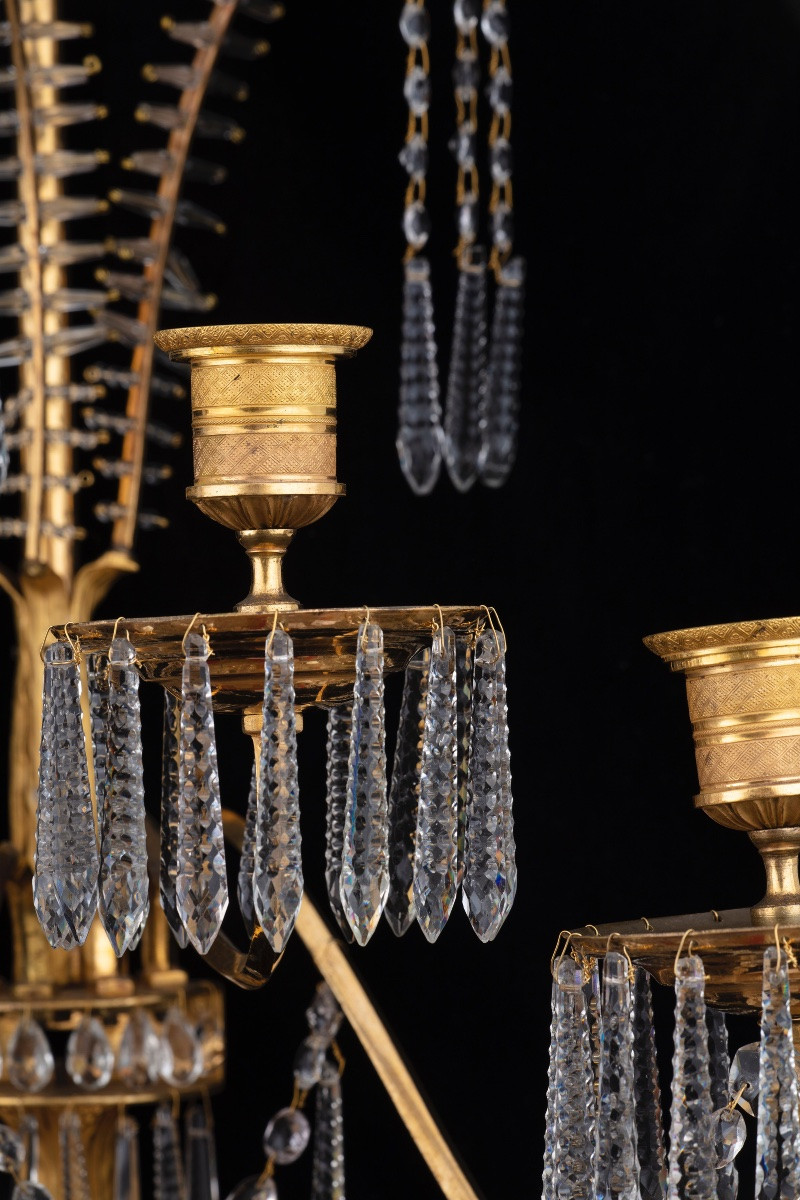 Coppia di importanti Appliques in bronzo dorato e cristallo, Francia, 1805 circa-photo-4