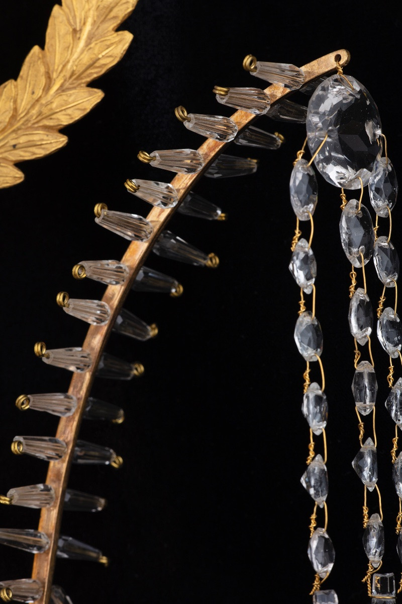 Coppia di importanti Appliques in bronzo dorato e cristallo, Francia, 1805 circa-photo-5