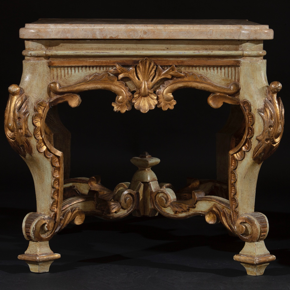 Coppia di panchetti in legno laccato e piano in marmo-photo-2