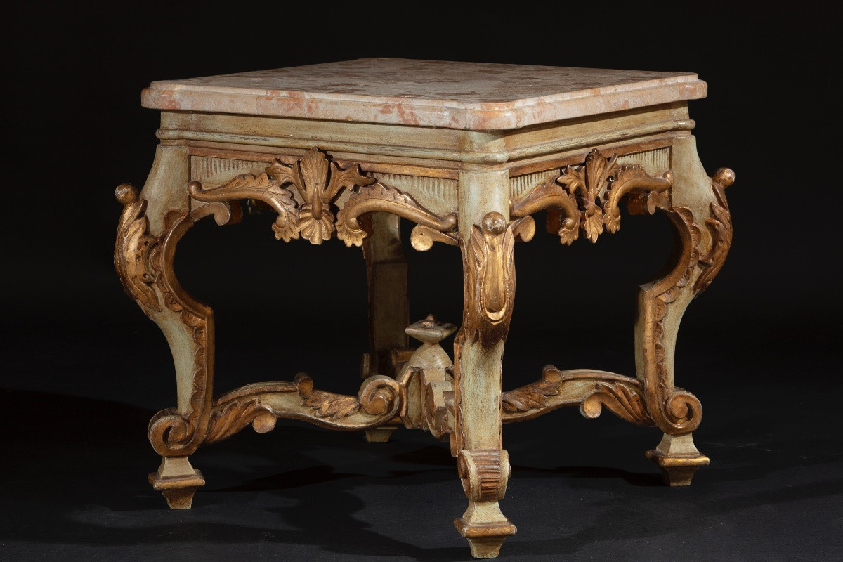 Coppia di panchetti in legno laccato e piano in marmo-photo-3