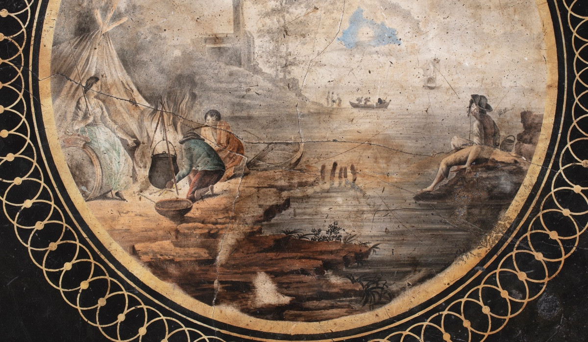 Tavolo da centro lastronato in noce con piano in scagliola decorato, manifattura Della Valle-photo-3