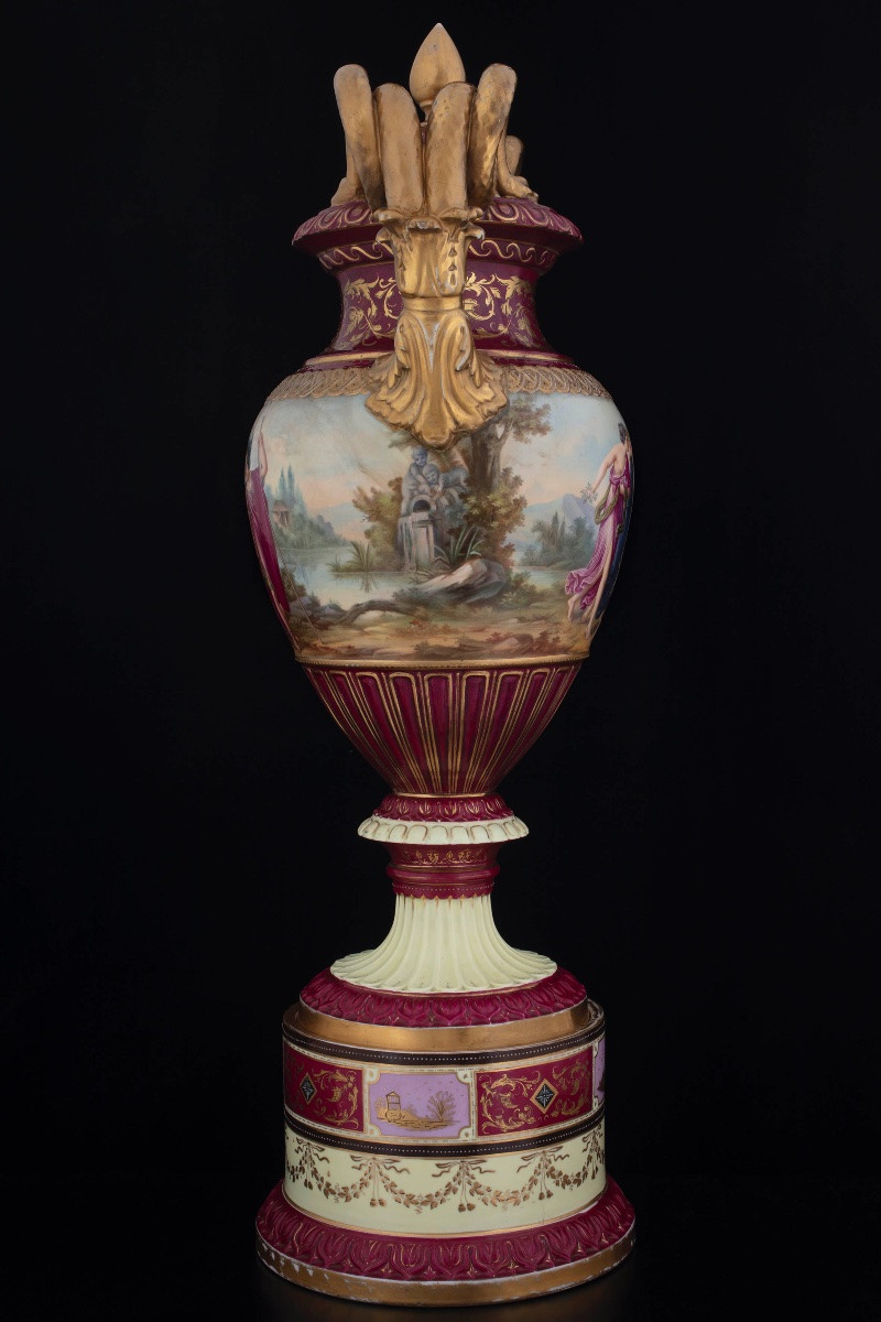 Coppia di grandi vasi in porcellana policroma, Manifattura viennese-photo-3
